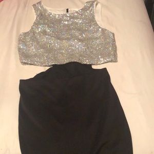 Long Silver Sequin & Black Dress